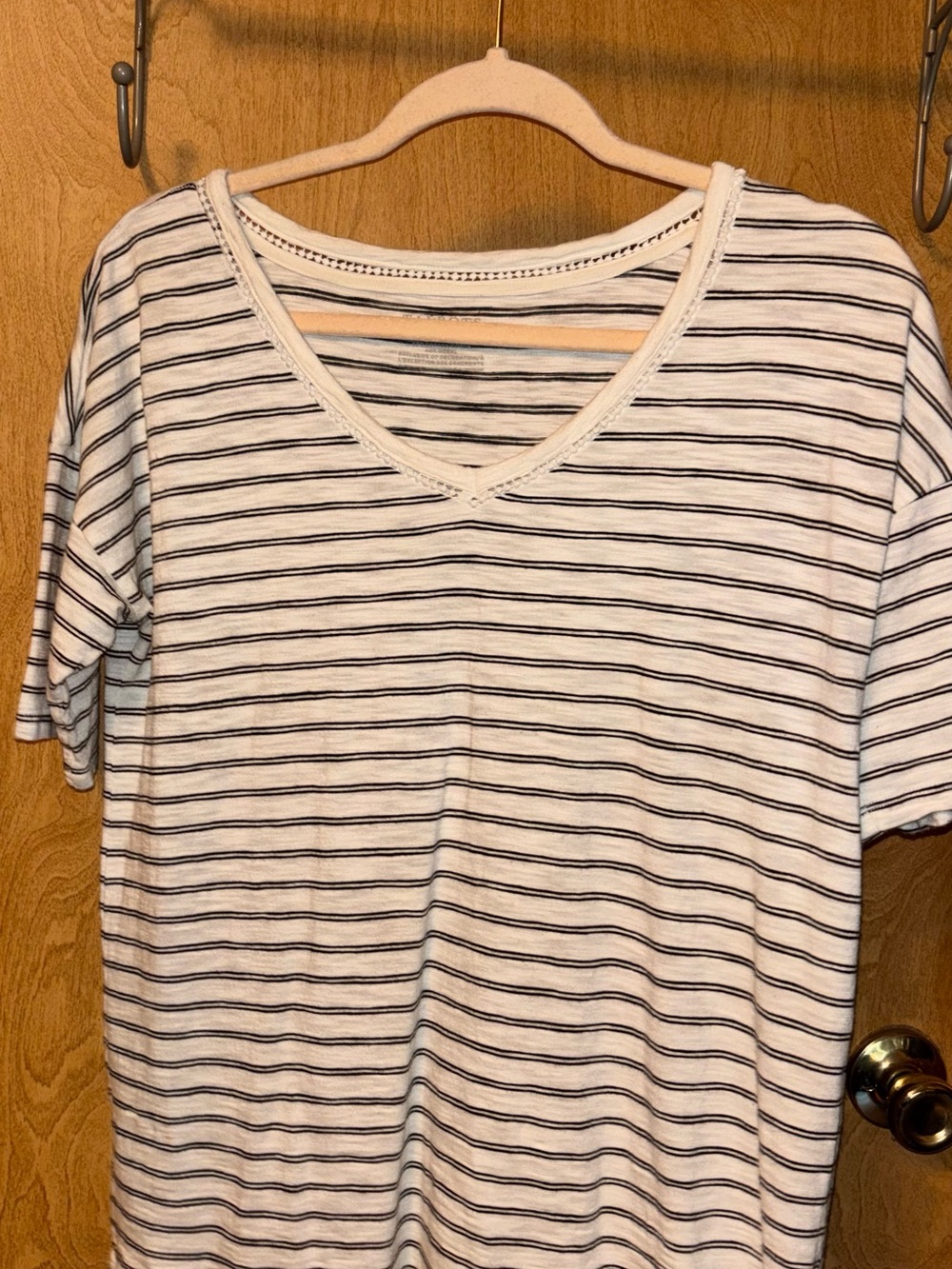 Talbots White and Black Striped V-Neck Short Sleeve Tee